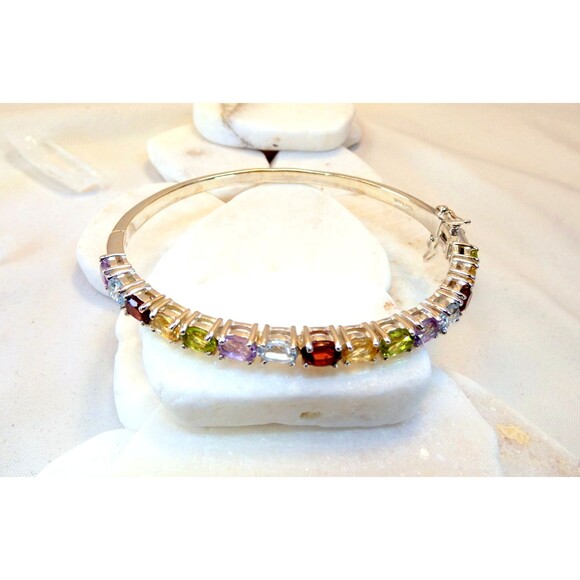 Sterling Silver Multi Gemstone Bangle Bracelet Safety Lock Excellent - Picture 6 of 7